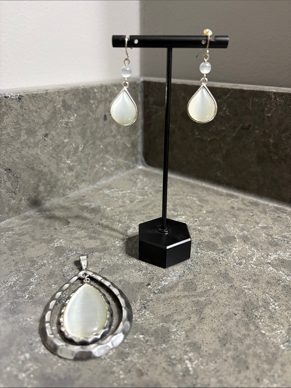 Silver-Tone White Teardrop Earrings with Bead Accent with Pendant